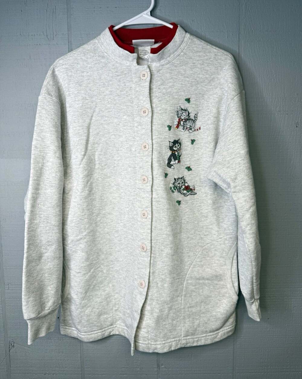 Vintage Morning Sun Women's Christmas Cat Button-Front Sweatshirt M Gray